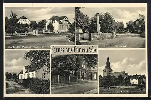 AK Lünern i. W., Ev. Kirche, Pastorat, Gemeindehaus, Ehrenmal, Schule, Ev. Kirche