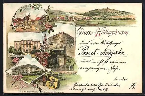 Lithographie Hildburghausen, Marktplatz mit Rathaus, Gymnasium, Schloss-Kaserne, Technikum, Königin Luise-Denkmal