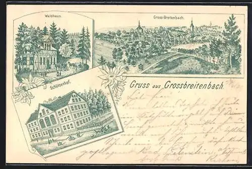 Lithographie Grossbreitenbach, Gasthaus zum Schützenhof, Waldhaus, Totalansicht