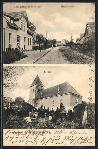 AK Vorbruch /Unterweser, Geschäftshaus B. Meyer an der Hauptstrasse, Kirche