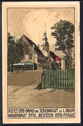 Steindruck-AK Lausa / Dresden, Gasthaus, Altes Erb-Brau- und Schenkgut v. Otto Pfaue vor der Kirche