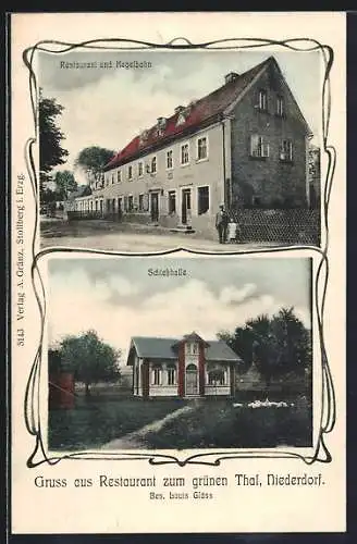 AK Niederdorf / Erzgeb., Restaurant und Kegelbahn zum grünen Thal v. Louis Gläss, Schiesshalle