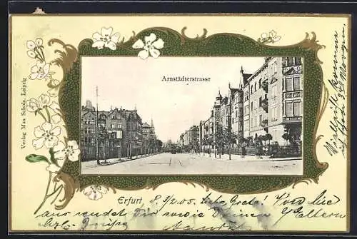 AK Erfurt, Blick in die Arnstädterstrasse, florales Passepartout