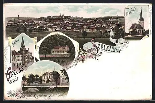 Lithographie Schleiz, Bergkirche, Eremitage, Rathaus, Panorama