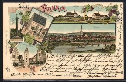 Lithographie Volkach, Obere Hauptstrasse mit Passanten, Rathaus mit Brunnen, Vogelsburg, Kirchberg, Constitutionssäule