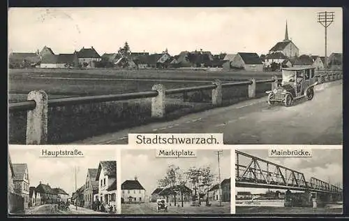 AK Stadtschwarzach, Hauptstrasse, Marktplatz, Mainbrücke, Ortsansicht