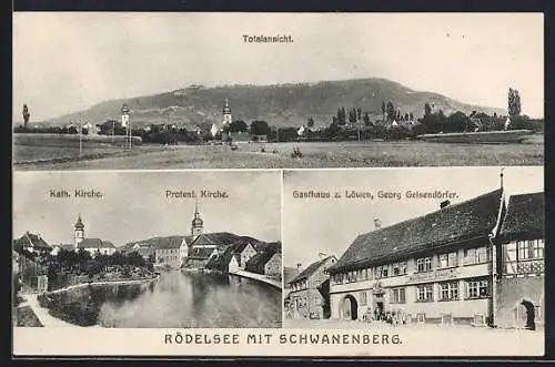 AK Rödelsee, Gasthaus zum Löwen v. Georg Geisendörfer, Kath. und Prot. Kirchen, Totalansicht mit Schwanenberg