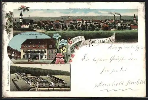 Lithographie Königsbrück, Hotel zum schwarzen Adler, Barracken-Lager, Totalansicht
