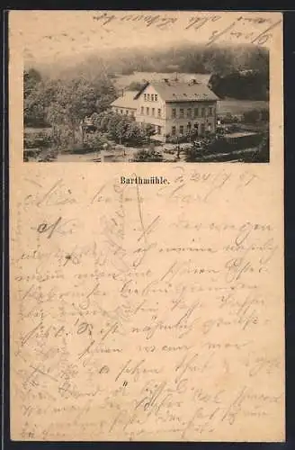 Vorläufer-AK Barthmühle / Vogtland, 1887, Gasthaus und Umgebung