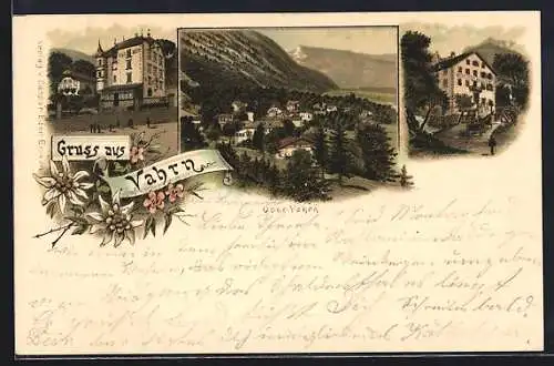 Lithographie Vahrn, Hotel Villa May R., Gasthaus Zum Waldsacker, Teilansicht vom Ort