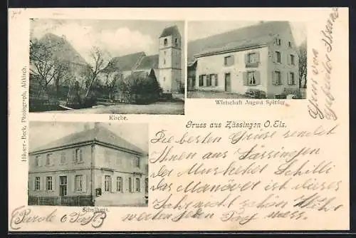 AK Zässingen /O. Els., Gasthaus August Spittler, Schulhaus, Kirche