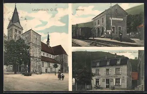 AK Lautenbach /O.-E., Hotel zum Bahnhof v. Jos. Wolf, Bahnhof, Kirche