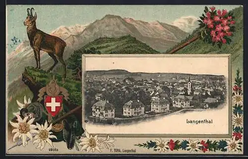 Passepartout-Lithographie Langenthal, Totalansicht, Gemse mit Wappen und Wanderstock