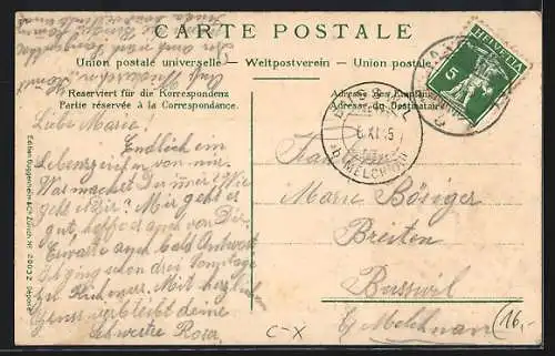 Passepartout-Lithographie Langenthal, Totalansicht, Gemse mit Wappen und Wanderstock