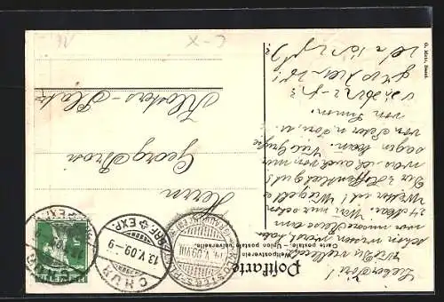 AK Chur, Totalansicht vom Berg aus, Passepartout mit Kantonalwappen und Gämse
