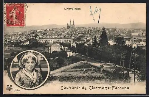 AK Clermont-Ferrand, Souvenir avec vue panoramique et portrait d`une jeune fille