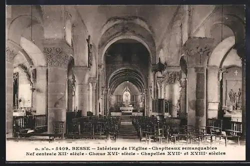 AK Besse, Intérieur de l`église, Chapiteaux remarquables, nef centrale XIIe siècle, chœur XVIe siècle