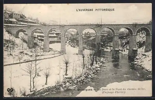 AK Olliergues, La Dore et le Pont du chemin de fer (Paysage d`hiver)