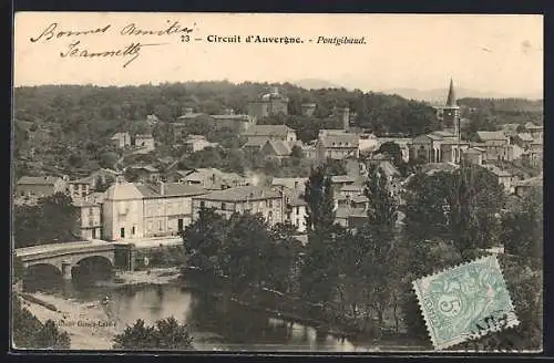 AK Pontgibaud, Vue panoramique du village et du pont sur la rivière