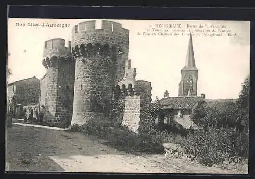 AK Pontgibaud, Tours de la Féodalité et église en arrière-plan