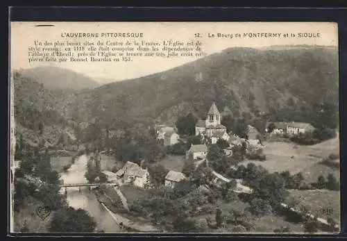 AK Montfermy, Le Bourg et la Sioule avec l`église romane et croix en pierre du XVIe siècle