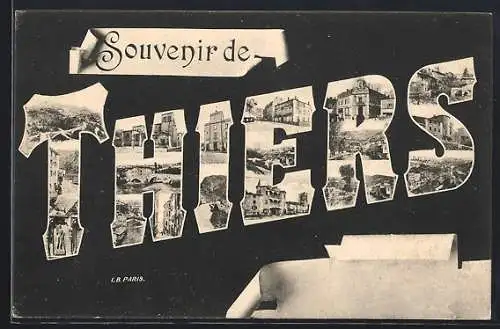 AK Thiers, Souvenir de Thiers avec vues intégrées dans les lettres