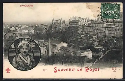 AK Royat, Souvenir de Royat avec vue panoramique et portrait d`une jeune fille