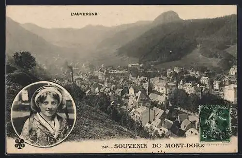 AK Mont-Dore, Souvenir du Mont-Dore avec vue panoramique et portrait d`une jeune fille