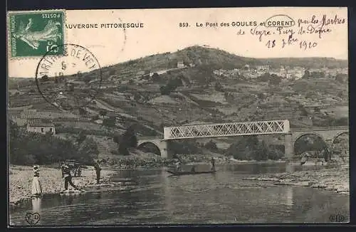 AK Corent, Le Pont des Goules avec vue sur la rivière et les collines environnantes