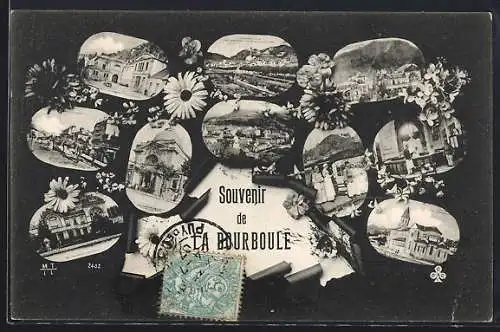 AK La Bourboule, Souvenir de la ville avec vues multiples et fleurs