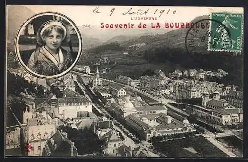 AK La Bourboule, Souvenir de la ville avec vue panoramique et portrait féminin