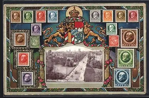 AK München, Blick vom Maximilaneum, Briefmarken, Wappen