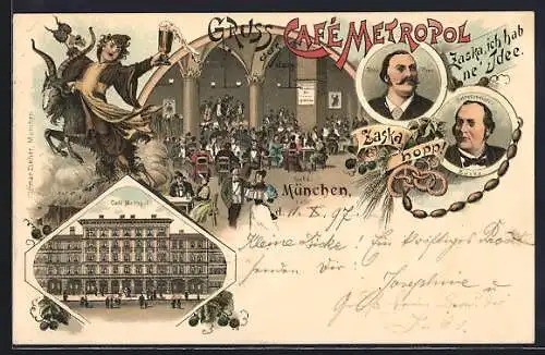 Lithographie München, Cafe Metropol, Innenansicht, Münchner Kindl, Bayerstrasse 39