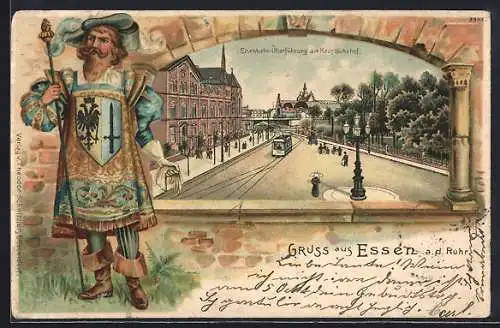 Passepartout-Lithographie Essen, Eisenbahn-Überführung am Hauptbahnhof, Strassenbahn, Edelmann