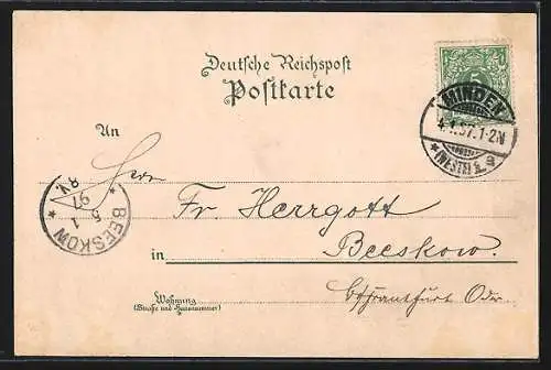 Lithographie Minden / Weser, Marktplatz mit Rathaus, Bahnhof, Dom