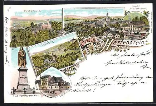 Lithographie Hartenstein / Sachsen, Bahnhof, Schloss Stein, Ecke des Marktes