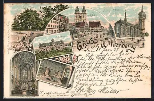 Lithographie Wittenberg / Halle, Blick auf Schlosskirche, Marktplatz, Lutherhaus mit Lutherstube