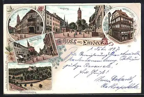 Lithographie Einbeck, Hotel Goldener Löwe, Waldschlösschen, Marktplatz