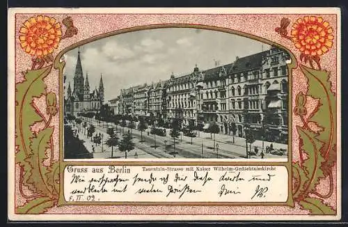 Lithographie Berlin-Charlottenburg, Tauentzin-Strasse mit Kaiser Wilhelm-Gedächtniskirche, Löwenzahn im Passepartout