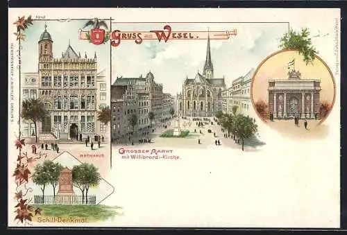 Lithographie Wesel / Rhein, Rathaus, Grosser Markt mit Willibrordi-Kirche