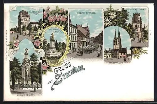 Lithographie Stendal, Tangermünder Tor, Kriegerdenkmal, Nachtigall-Denkmal, Breite Strasse, Uenglinger Thor, Marktplatz