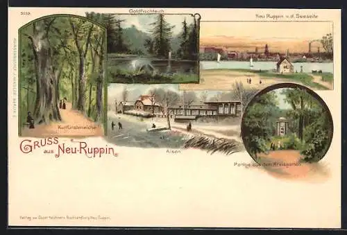 Lithographie Neu-Ruppin, Goldfischtiech, Kurfürsteneiche, Alsen, Kreisgarten, Ortsansicht von der Seeseite