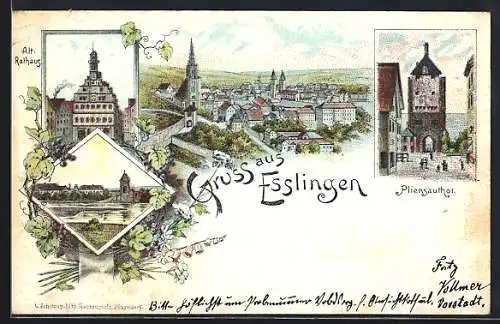 Lithographie Esslingen / Neckar, Pliensauthor, Alt-Rathaus, Ortsansicht