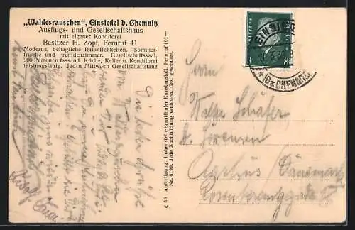 AK Einsiedel bei Chemnitz, Gasthaus Waldesrauschen v. H. Zopf, Veranda und Garten