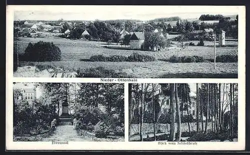 AK Nieder-Ottenhain, Ehrenmal, Blick vom Schlossteich, Totalansicht