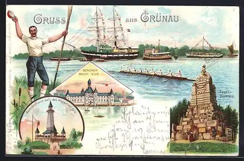 Lithographie Berlin-Grünau, Berliner Yacht-Club, Sport-Denkmal, Aussichtsthurm auf den Müggelbergen