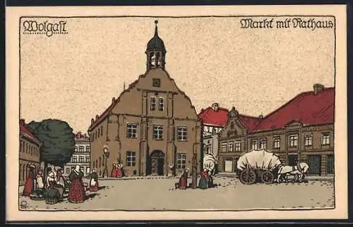 Steindruck-AK Wolgast, Markt mit Rathaus