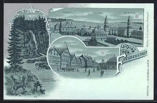 Mondschein-Lithographie Freudenstadt, Marktplatz, Postamt, Wachthaus, Ev. Kirche, Sankenbacher Wasserfälle