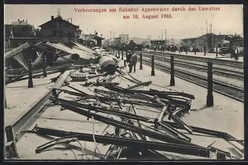 AK Appenweier, Verheerungen am Bahnhof durch das Unwetter 1905