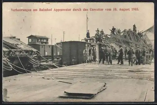 AK Appenweier, Verheerung am Bahnhof durch das Unwetter 1905